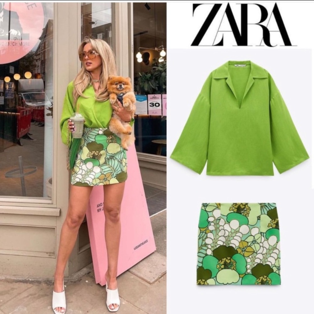 ZARA WOMAN GREEN PRINTED MINI SKIRT